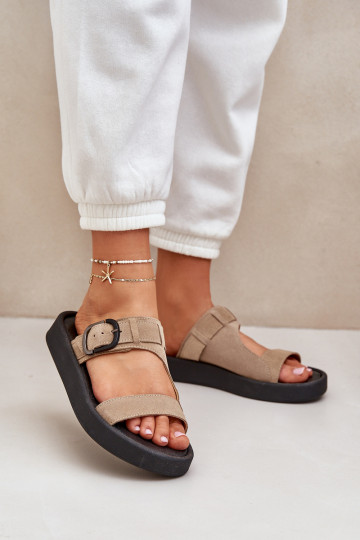 Dames suède pantoffels met platform Zazoo 3024 beige 2