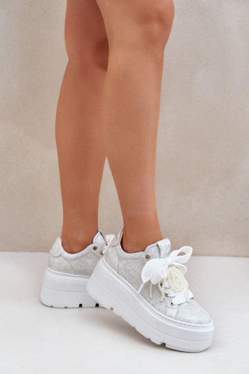 Leren sportschoenen met platform CheBello 4658 zilverkleur
