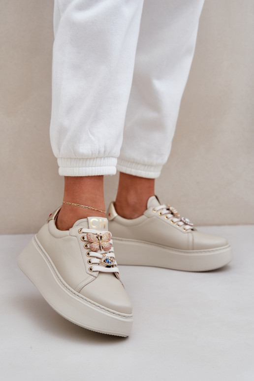 Dames Leer Sneakers model schoenen met platform met mooie details CheBello 4292 ivoor Dames Leer Sneakers model schoenen met platform met mooie details CheBello 4292 ivoor