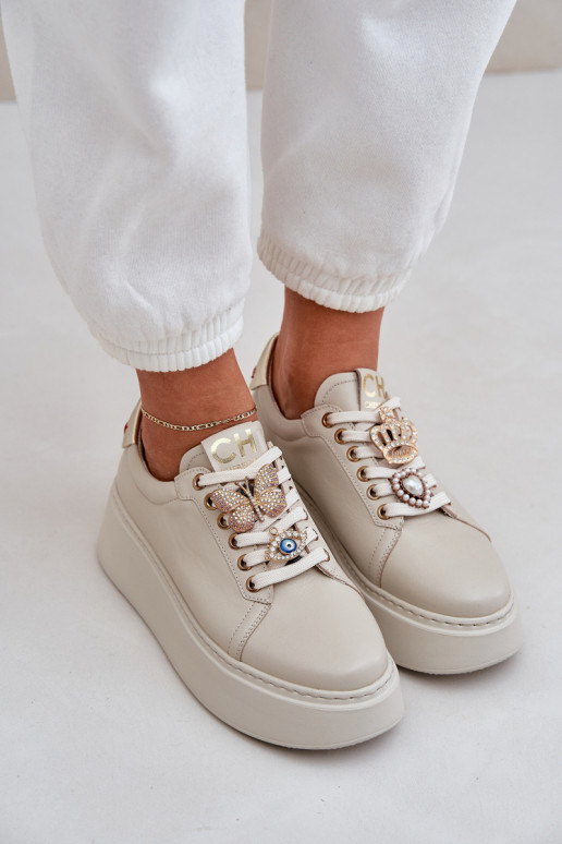 Dames Leer Sneakers model schoenen met platform met mooie details CheBello 4292 ivoor Dames Leer Sneakers model schoenen met platform met mooie details CheBello 4292 ivoor