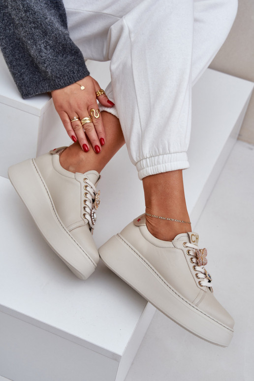 Dames Leer Sneakers model schoenen met platform met mooie details CheBello 4292 ivoor Dames Leer Sneakers model schoenen met platform met mooie details CheBello 4292 ivoor