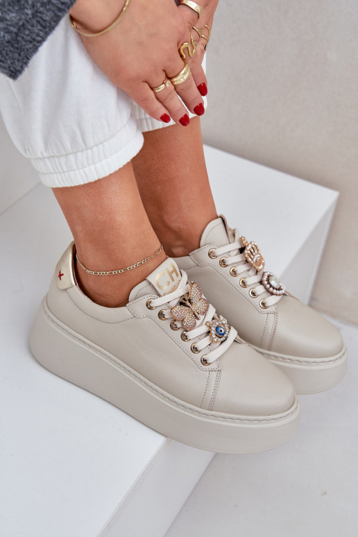 Dames Leer Sneakers model schoenen met platform met mooie details CheBello 4292 ivoor Dames Leer Sneakers model schoenen met platform met mooie details CheBello 4292 ivoor