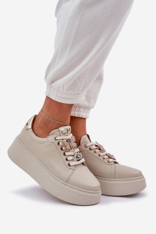 Dames Leer Sneakers model schoenen met platform met mooie details CheBello 4292 ivoor Dames Leer Sneakers model schoenen met platform met mooie details CheBello 4292 ivoor