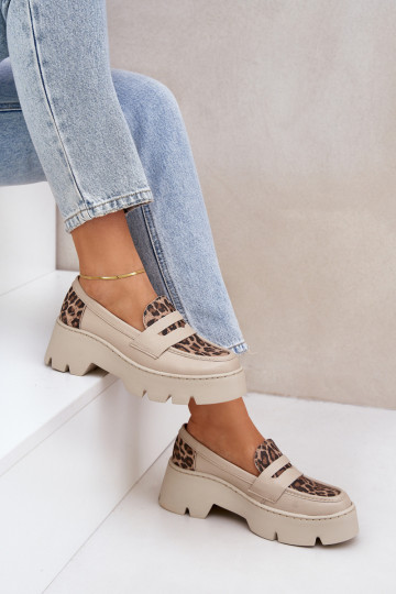 Leren dames mocassins met platform en luipaardprint details Zazoo 20191 ivoorkleur