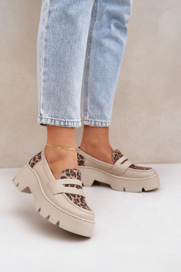Leren dames mocassins met platform en luipaardprint details Zazoo 20191 ivoorkleur 2