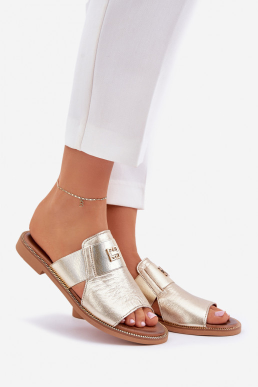 Elegante stijl Slippers Gemaakt van natuurlijk leer met brede hakken Zazoo 40423 gouden kleur Elegante stijl Slippers Gemaakt van natuurlijk leer met brede hakken Zazoo 40423 gouden kleur