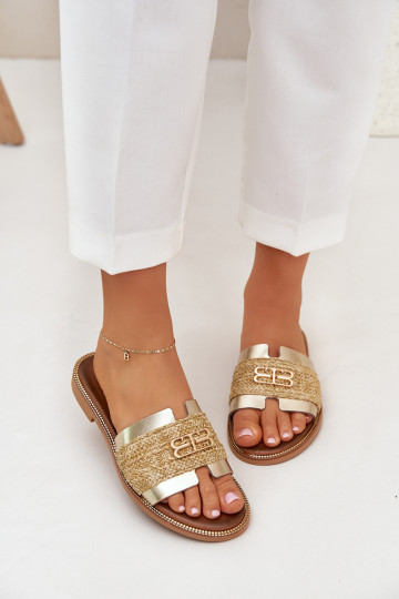 Leren slippers met decoratieve details en vlechtwerk Zazoo 40426 gouden kleur