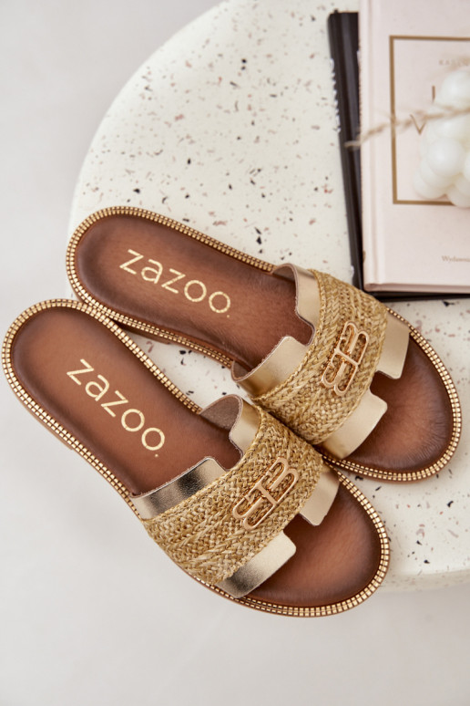 Leren pantoffels Met sierlijk Detalem I Plecionką Zazoo 40426 gouden kleur Leren pantoffels Met sierlijk Detalem I Plecionką Zazoo 40426 gouden kleur