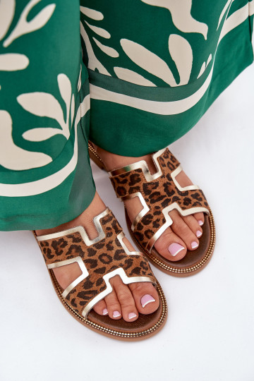Leren platte slippers met luipaardprint Zazoo 40383 bruine kleur
