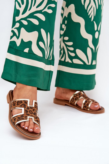 Leren platte slippers met luipaardprint Zazoo 40383 bruine kleur 2
