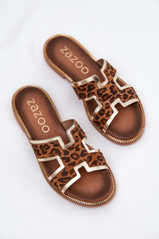 Leer gelijk aan Slippers met luipaardbontpatronen Zazoo 40383 bruine kleur Leer gelijk aan Slippers met luipaardbontpatronen Zazoo 40383 bruine kleur