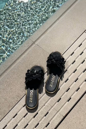 Zazoo 40381 dames leren slippers met brede hakken zwarte kleur 2