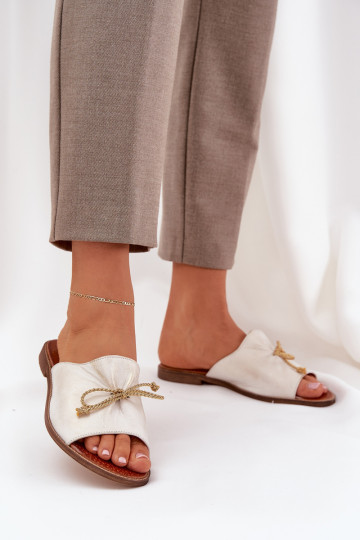 Leer gelijk aan Elegante stijl Slippers met linten LeInski 3572 gouden kleur Przecierany 2
