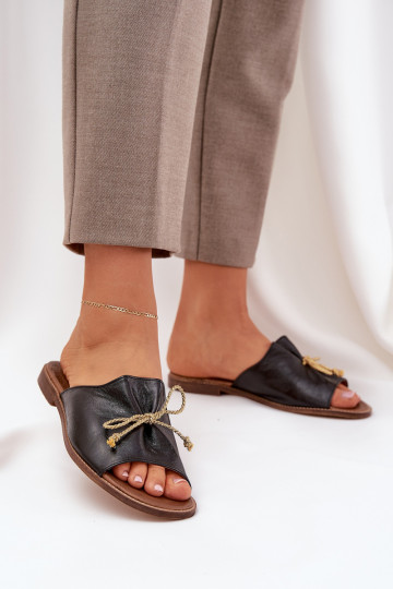 Leren platte elegante stijl slippers met strikken Leįskis 3572 zwarte kleur 2