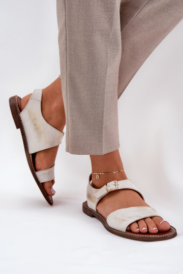 Zazoo 3014 leren platte dames sandalen in versleten goudkleur
