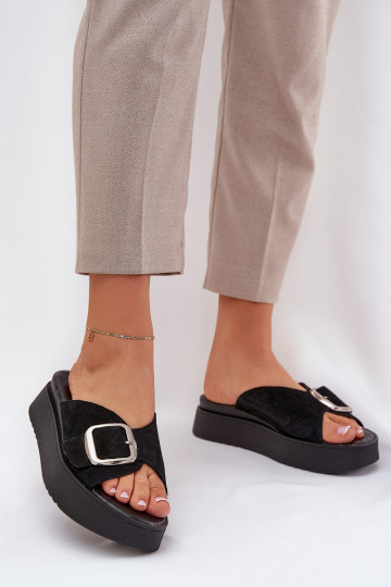 Zazoo 3019 dames suède slippers met gespen en platform in zwart