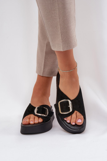 Zazoo 3019 dames suède slippers met gespen en platform in zwart 2