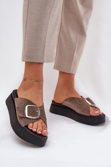 Dames suède pantoffels met gespen met platform Zazoo 3019 bruine kleur 2