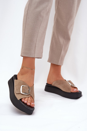 Dames suède pantoffels met gespen met platform Zazoo 3019 beige 2