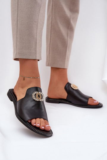 Zazoo 3008 elegante leren dames slippers met ornamenten in zwart 2