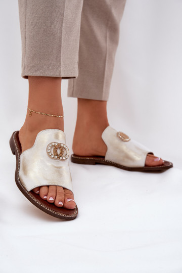 Zazoo 3008 elegante leren dames slippers met ornamenten in versleten goudkleur 2