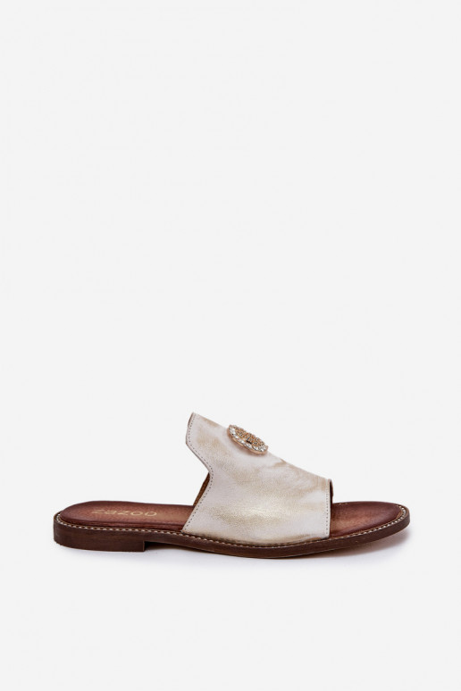 Elegante stijl Leren pantoffels Dames met ornamenten Zazoo 3008 gouden kleur Przecierany Elegante stijl Leren pantoffels Dames met ornamenten Zazoo 3008 gouden kleur Przecierany