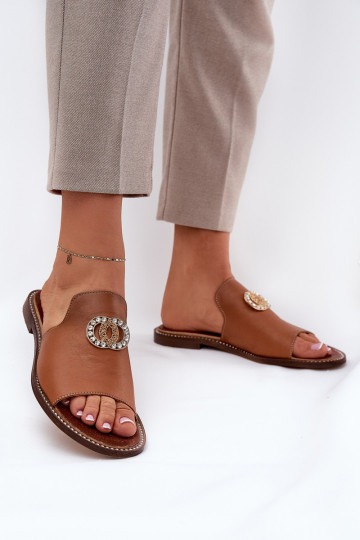 Elegante stijl Leren pantoffels Dames met ornamenten Zazoo 3008 bruine kleur 2