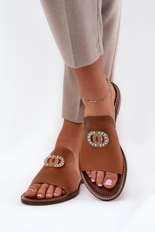 Elegante stijl Leren pantoffels Dames met ornamenten Zazoo 3008 bruine kleur Elegante stijl Leren pantoffels Dames met ornamenten Zazoo 3008 bruine kleur