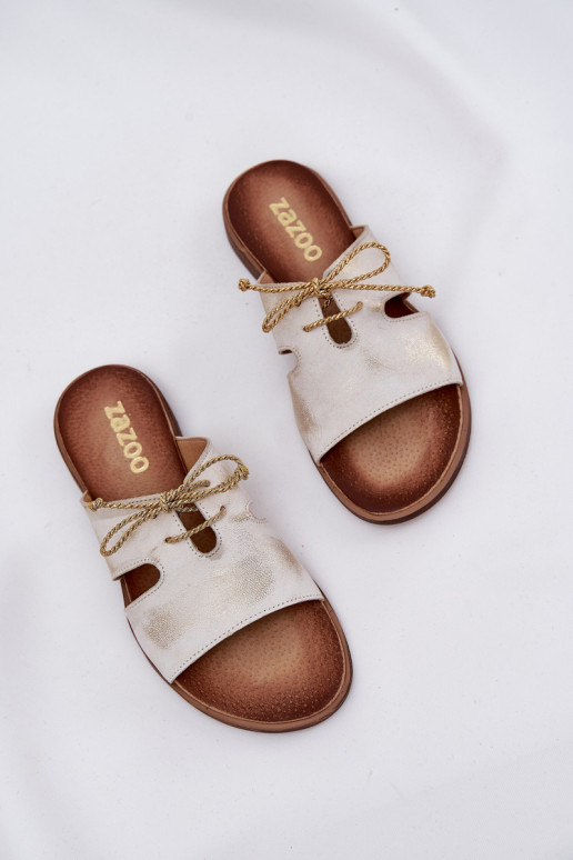 Leren pantoffels Dames met brede hakken Zazoo 3022 gouden kleur Przecierany Leren pantoffels Dames met brede hakken Zazoo 3022 gouden kleur Przecierany