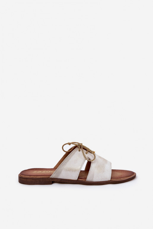 Leren pantoffels Dames met brede hakken Zazoo 3022 gouden kleur Przecierany Leren pantoffels Dames met brede hakken Zazoo 3022 gouden kleur Przecierany