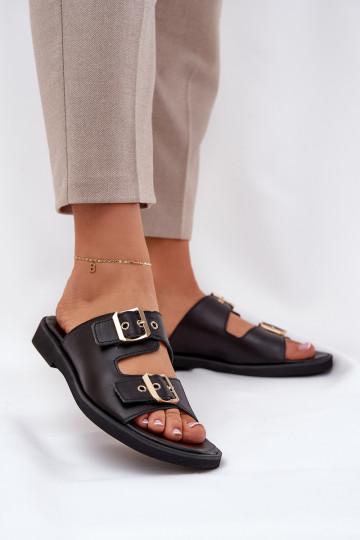 Zazoo 3020 leren platte slippers met gespen in zwart