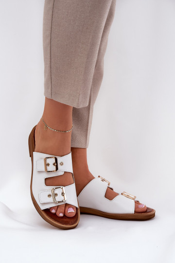 Zazoo 3020 leren platte slippers met gespen in wit