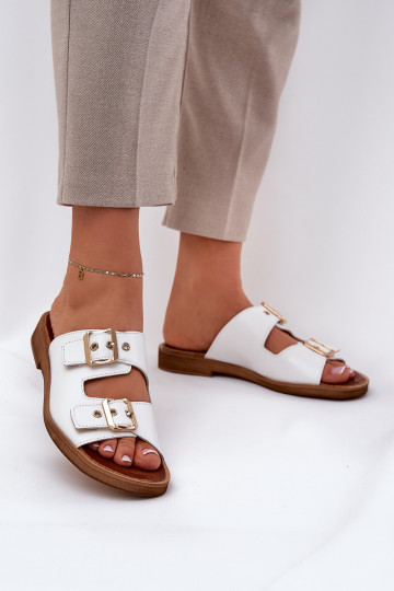 Zazoo 3020 leren platte slippers met gespen in wit 2