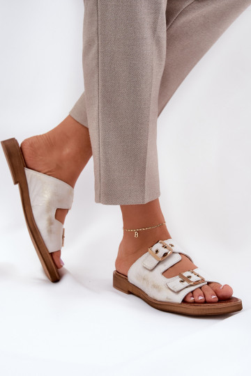 Leer gelijk aan Slippers met gespen Zazoo 3020 gouden kleur Przecierany