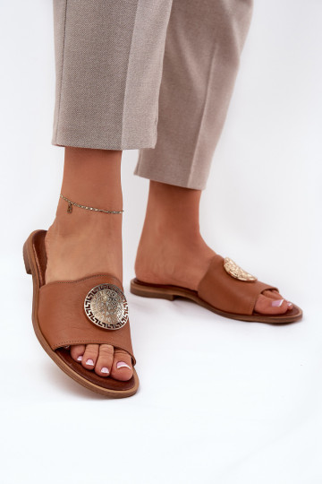 Zazoo 2938 leren slippers met brede hakken en ornamenten in bruin