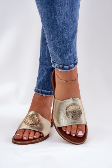 Zazoo 2938 Leren pantoffels met brede hakken met ornamenten gouden kleur