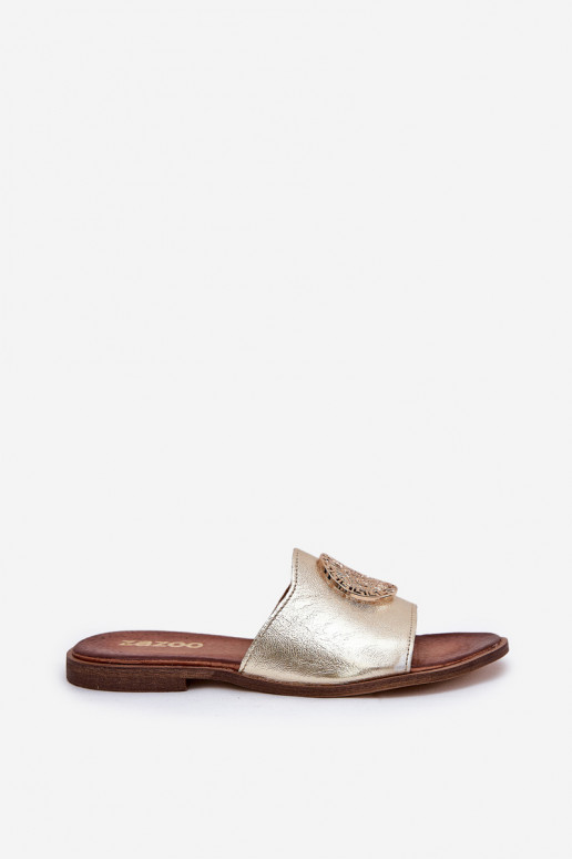 Zazoo 2938 Leren pantoffels met brede hakken met ornamenten gouden kleur Zazoo 2938 Leren pantoffels met brede hakken met ornamenten gouden kleur