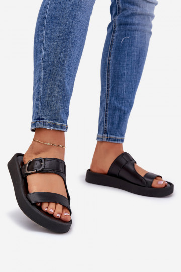 Zazoo 3024 leren dames slippers met platform in zwart