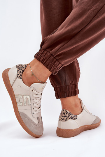 Leren dames sneakers met luipaardprint CheBello 4640 in zandkleur