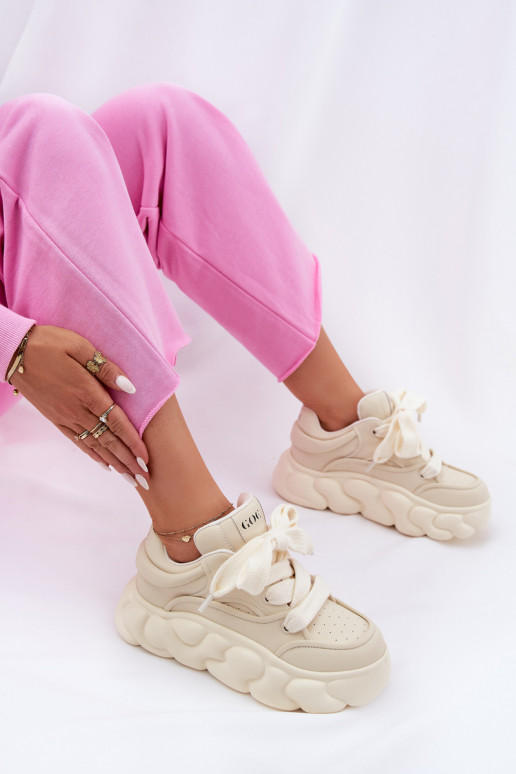 Leer Sneakers model schoenen Dames met platform GOE RR2N4043 beige Leer Sneakers model schoenen Dames met platform GOE RR2N4043 beige
