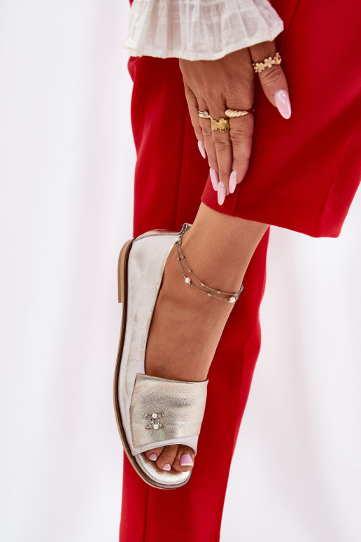 Leer Elegante stijl BallerinasOdkrytymi Palcami Zazoo 1865 gouden kleur Przecierany