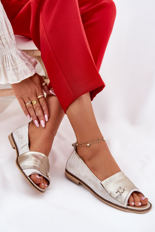 Leer Elegante stijl BallerinasOdkrytymi Palcami Zazoo 1865 gouden kleur Przecierany