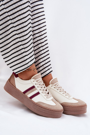 Leer Sneakers model schoenen Dames met platform Zazoo N1234 beige-bordeaux 2