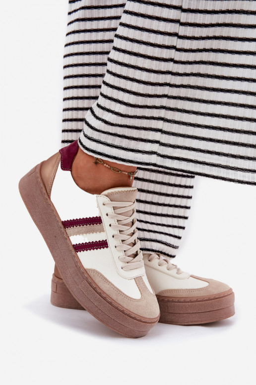 Leer Sneakers model schoenen Dames met platform Zazoo N1234 beige-bordeaux Leer Sneakers model schoenen Dames met platform Zazoo N1234 beige-bordeaux