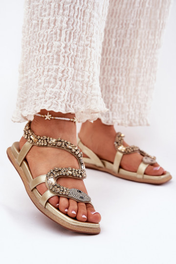 Dames sandalen met decoratie en slangenleerimitaat van eco leer Artiker 56C1362 goudkleurig 2