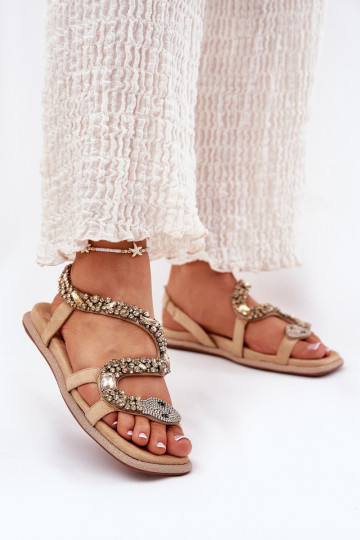 Dames sandalen met decoratie en slangenleerimitaat van eco suede Artiker 56C1361 zandkleurig