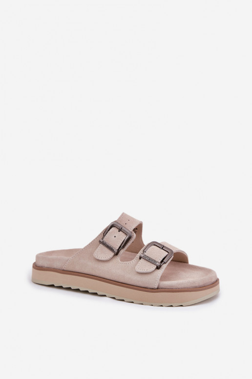 Dames suède pantoffels met gespen D.Franklin DFSH405001 beige Dames suède pantoffels met gespen D.Franklin DFSH405001 beige