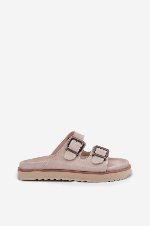 Dames suède pantoffels met gespen D.Franklin DFSH405001 beige Dames suède pantoffels met gespen D.Franklin DFSH405001 beige