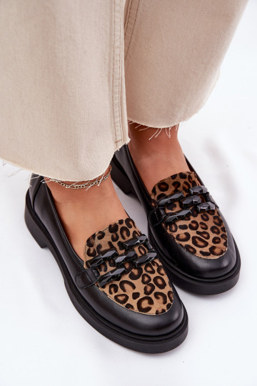 Zwarte leren mocassins met panterprint Laura Messi 2965