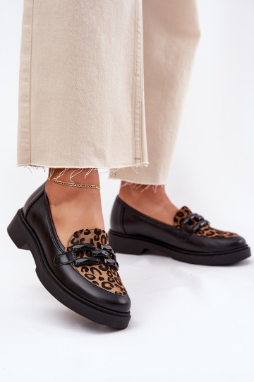 Zwarte leren mocassins met panterprint Laura Messi 2965 2